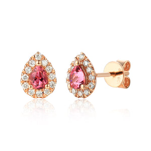 October Birthstone Pear Shape Pink Tourmaline and Diamond Cluster 9ct rose gold studs