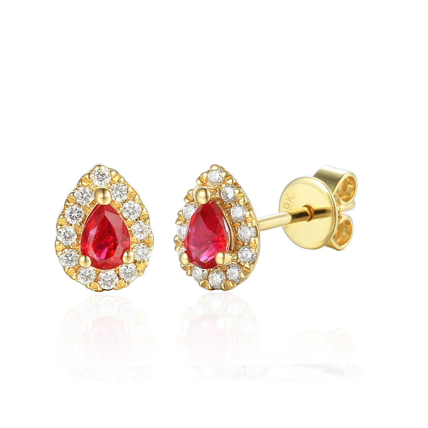 July Birthstone Pear Shape Ruby and Diamond Cluster 9ct yellow gold studs