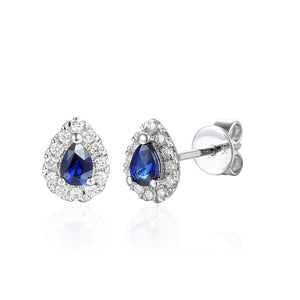 September Birthstone Pear Shape Sapphire and Diamond Cluster 9ct white gold studs