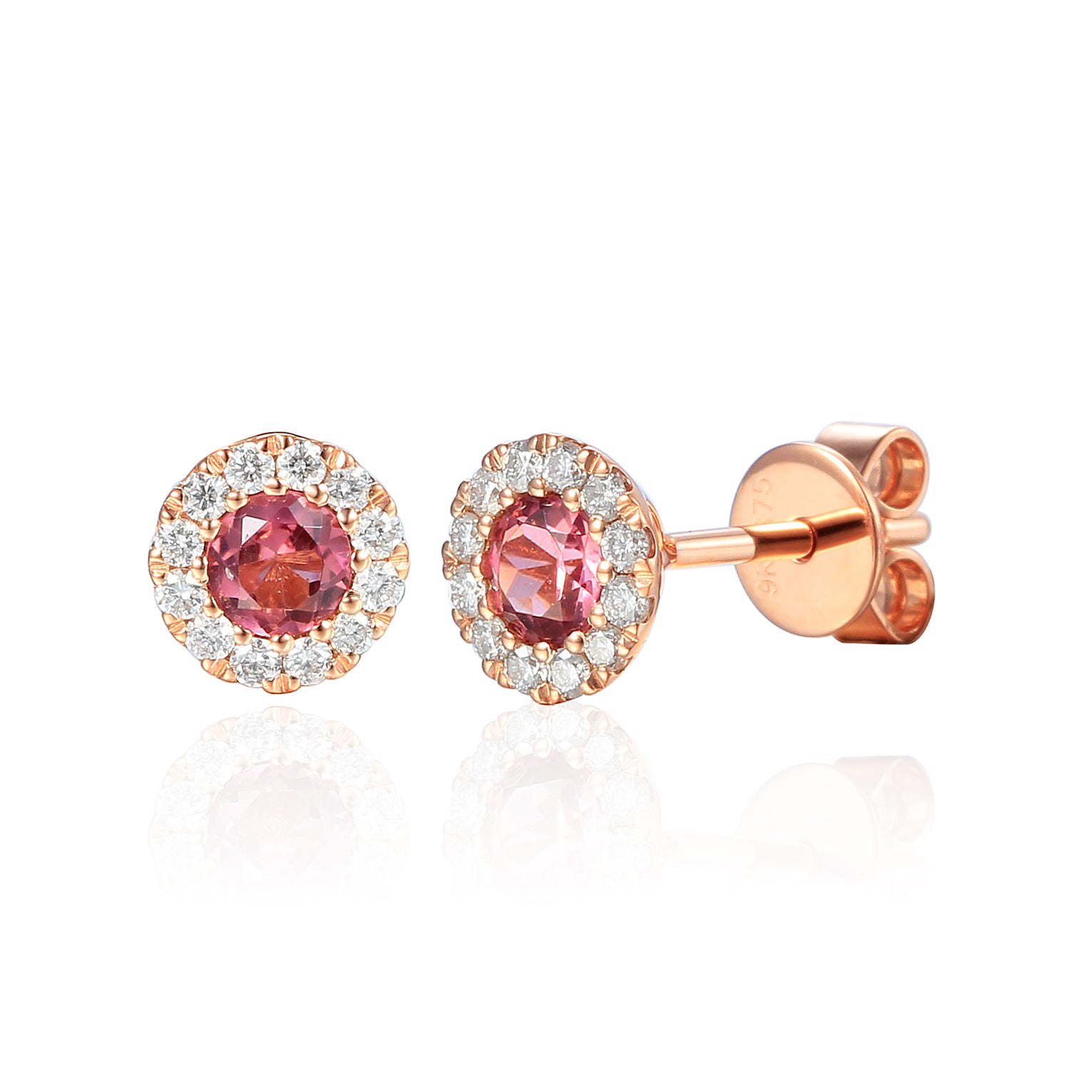 Pink Tourmaline & Diamond Earrings, Rose Gold Studs October Birthstone