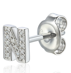 Diamond N Initial Single Stud 9ct White Gold