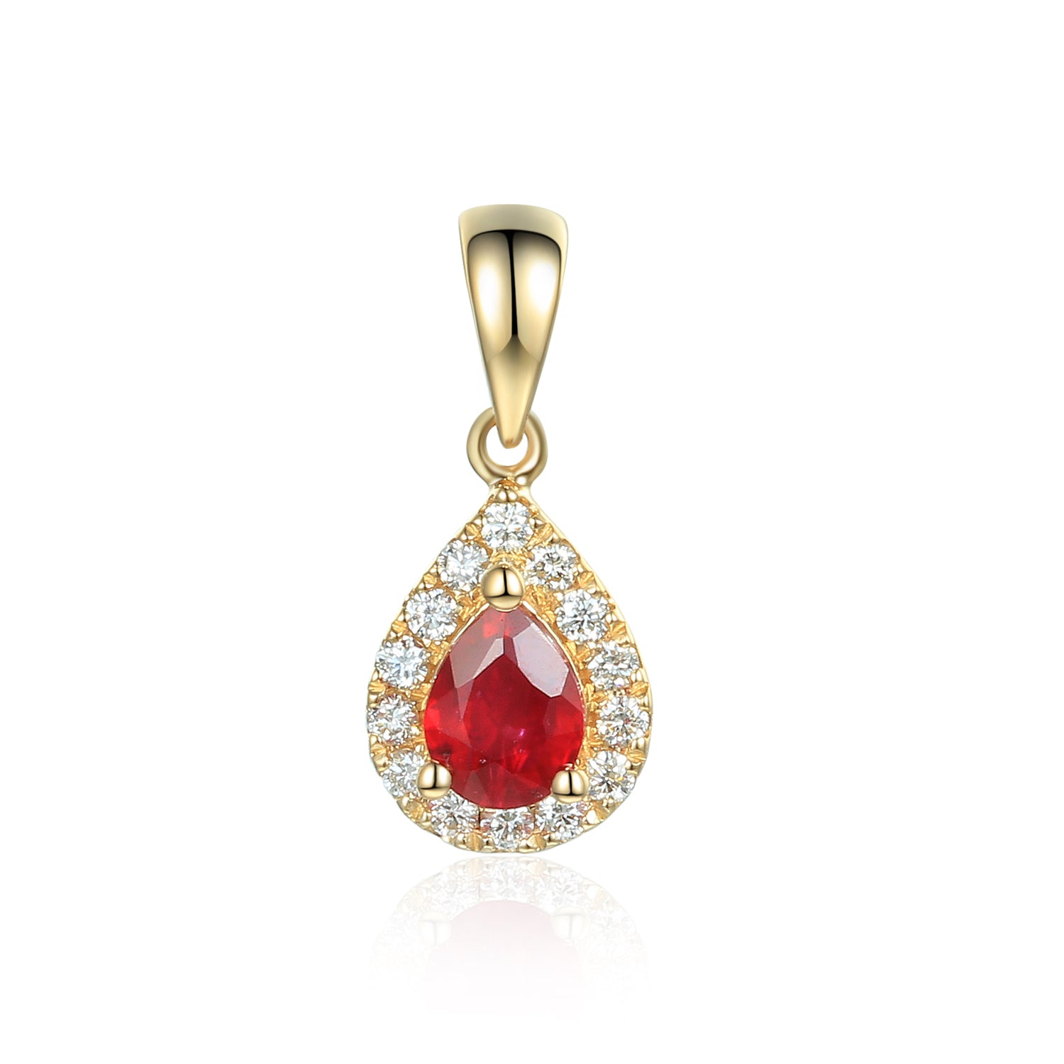 July Birthstone Pear Shape Ruby and Diamond Cluster Pendant 9ct Yellow Gold