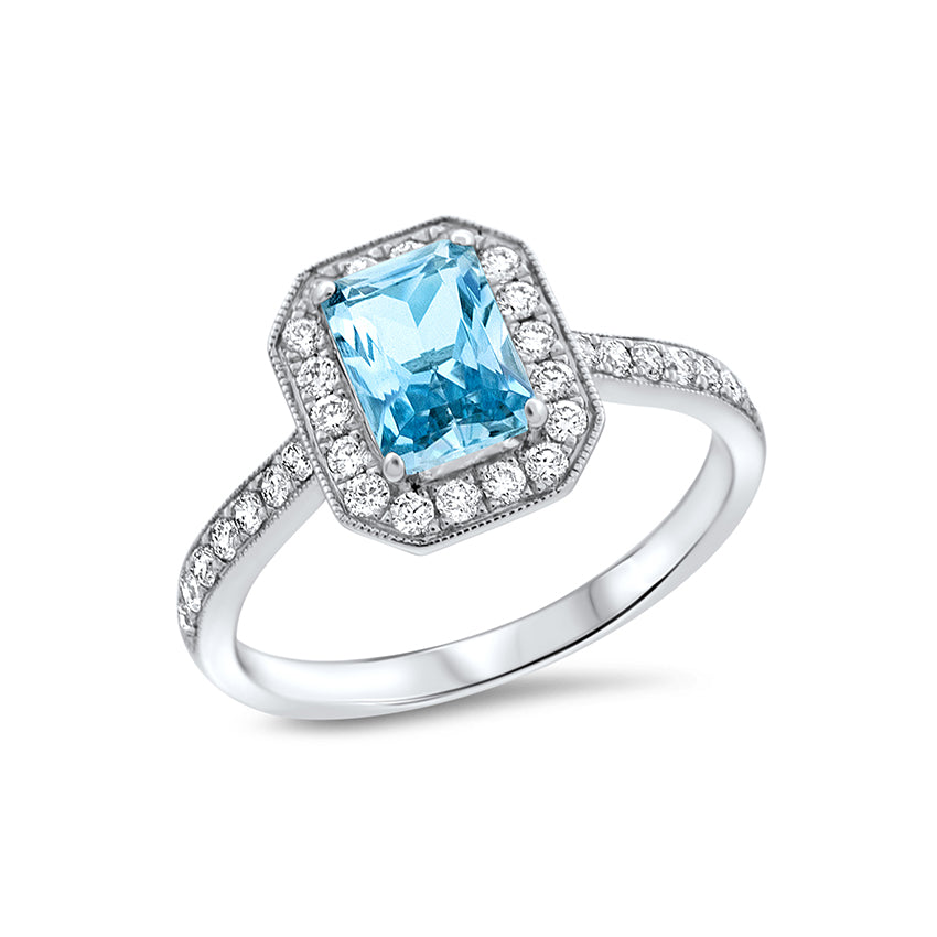 White Gold Aqua and Diamond Octagon Ring