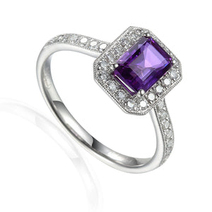 White Gold Amethyst and Diamond Octagon Ring