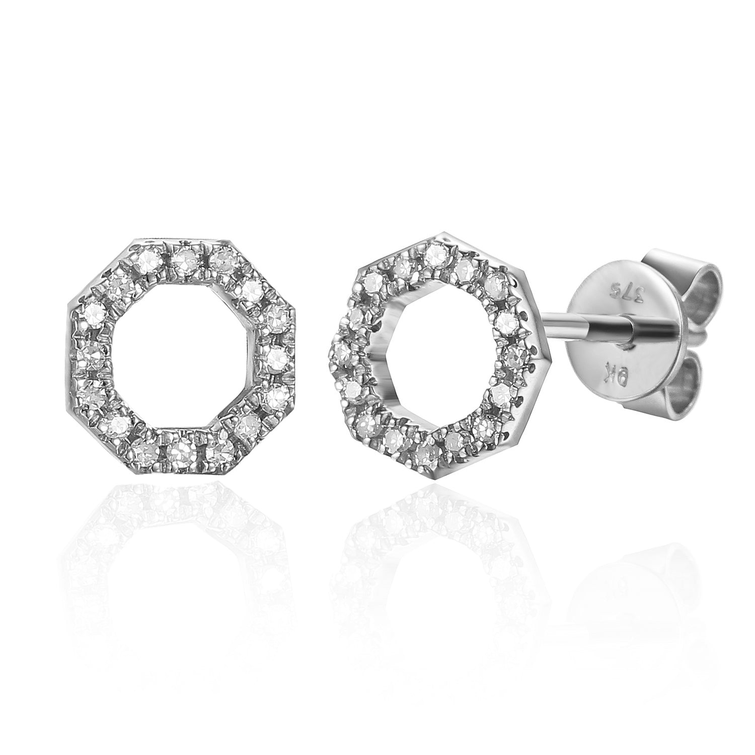 9ct Rose Gold Open Octagon Pave Diamond Stud Geometric Earrings