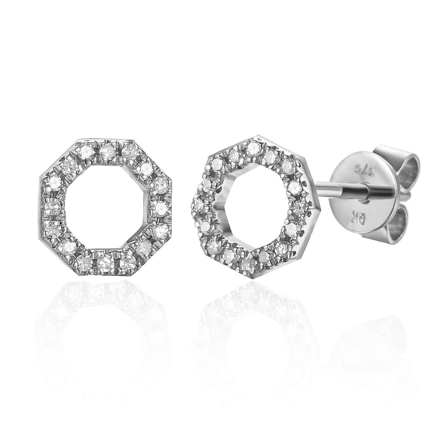 9ct White Gold Open Octagon Pave Diamond Geometric Stud Earrings