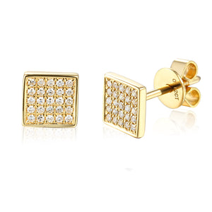 9ct Yellow Gold Pave Diamond Set Square Stud Geometric Earrings