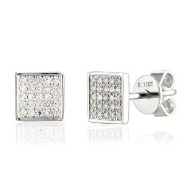 9ct White Gold Pave Diamond Set Square Stud Geometric Earrings