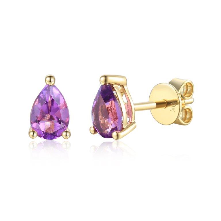 Amethyst Gemstone Pear Shape Yellow Gold Stud Earrings