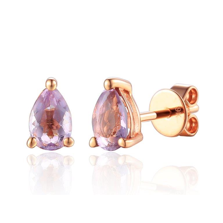 Pink Amethyst Gemstone Pear Shape Rose Gold Stud Earrings