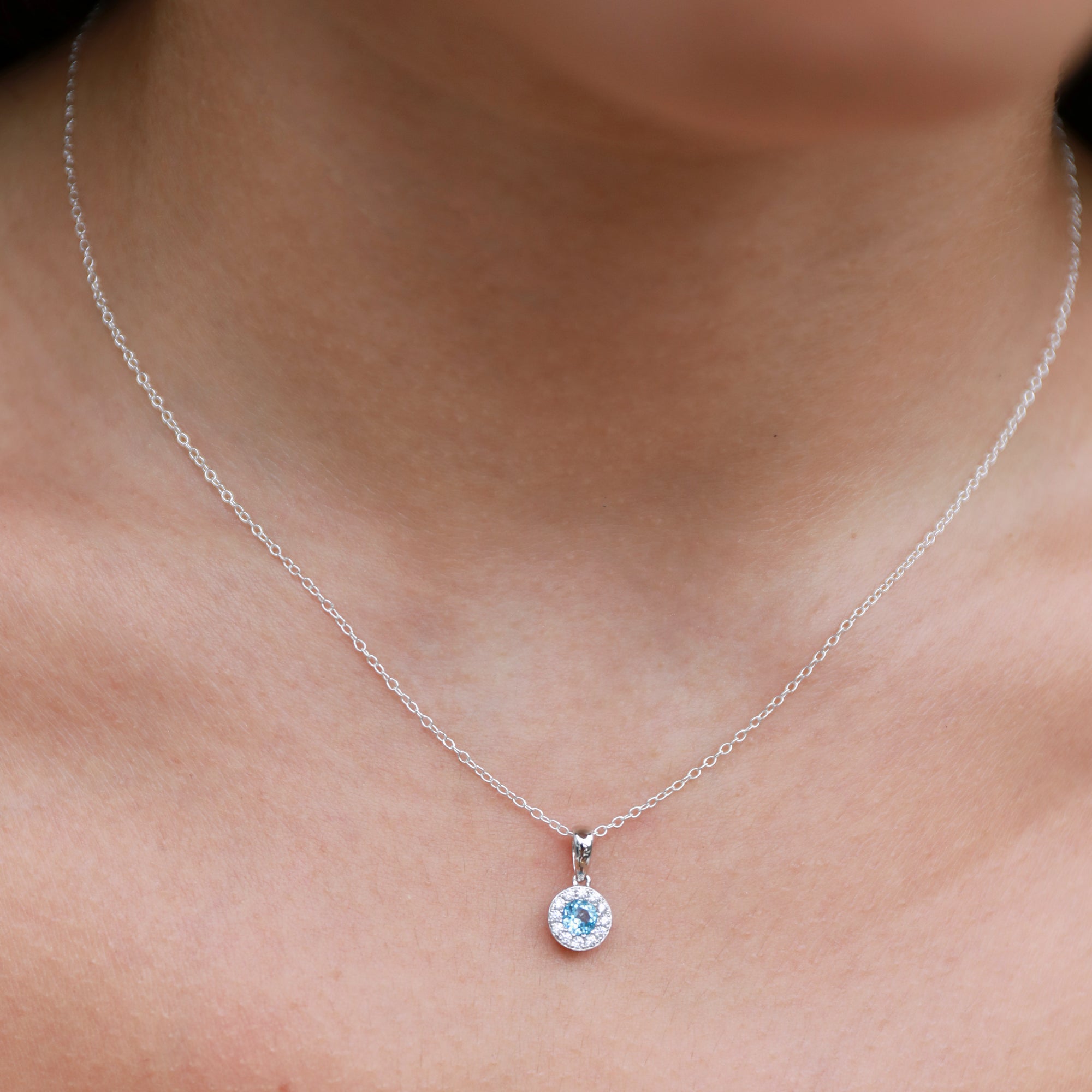 Aqua & Diamond Necklace, March Birthstone Round Cluster 9ct Gold