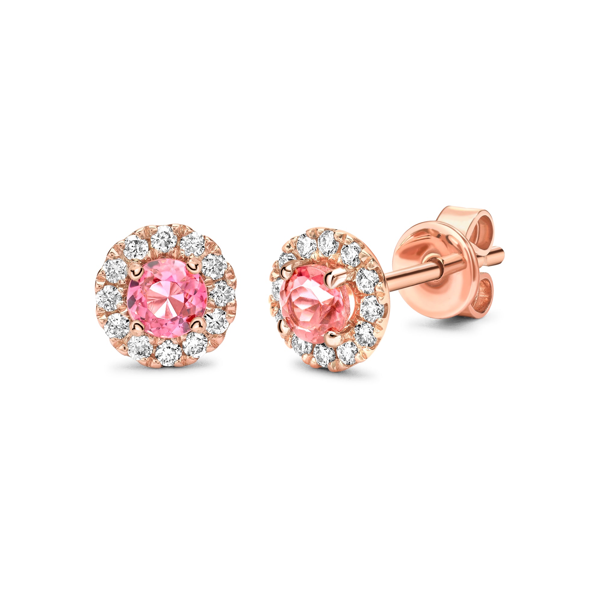 Pink Tourmaline & Diamond Earrings, Rose Gold Studs October Birthstone