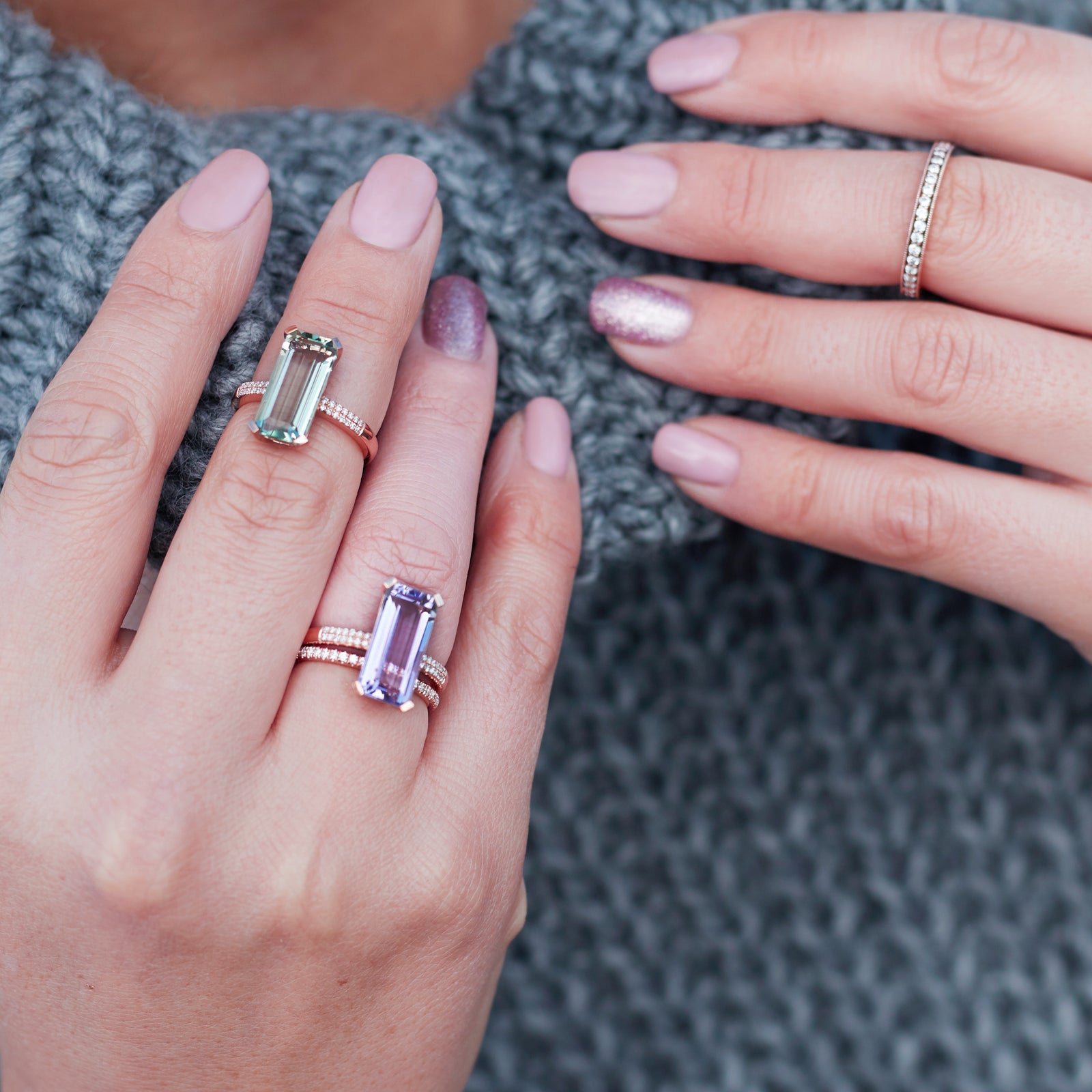 9ct Rose Gold Long Octagon Pale Amethyst and Diamond Ring