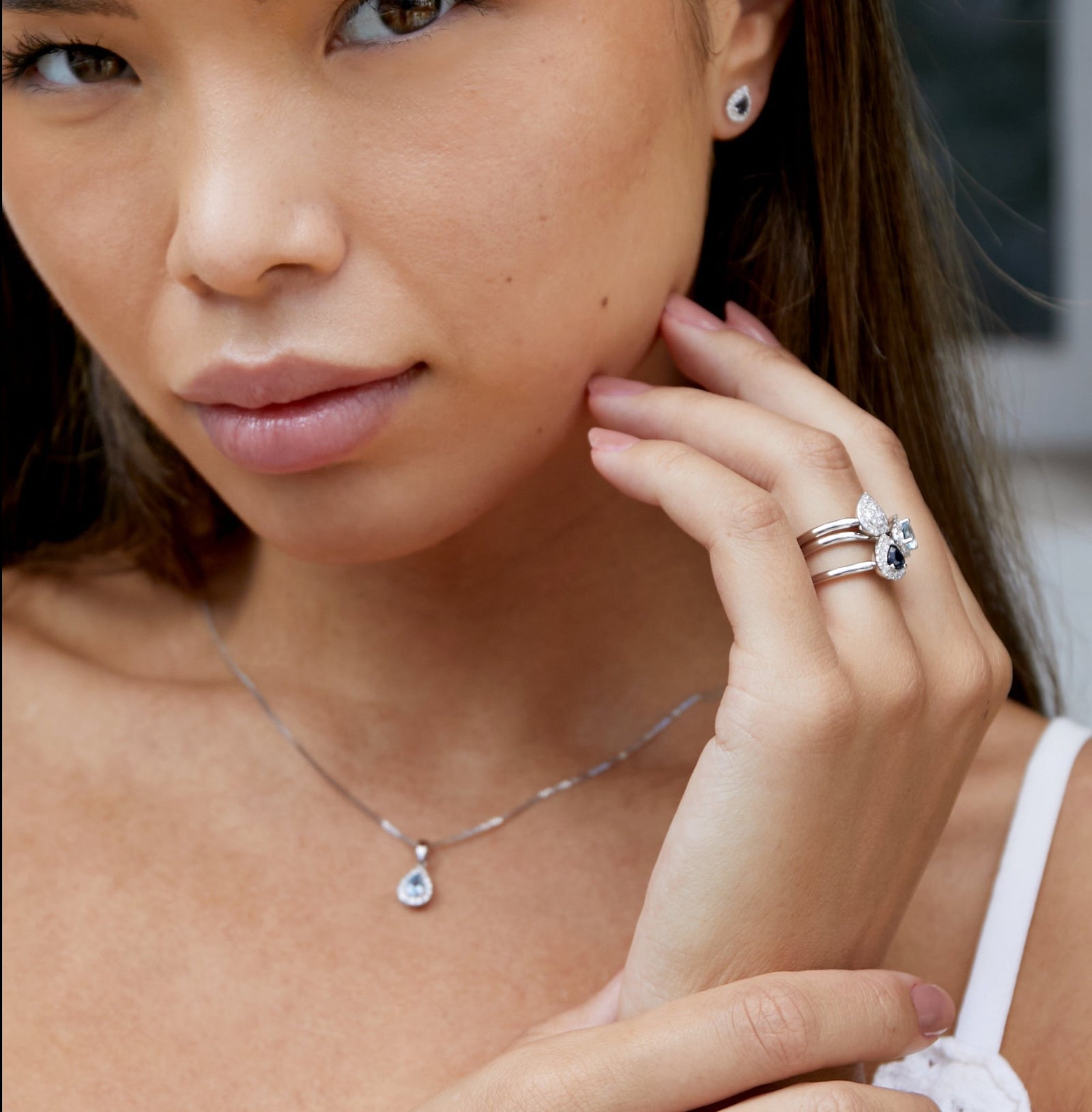 Aqua & Diamond Pendant Necklace, Pear Shape March Birthstone