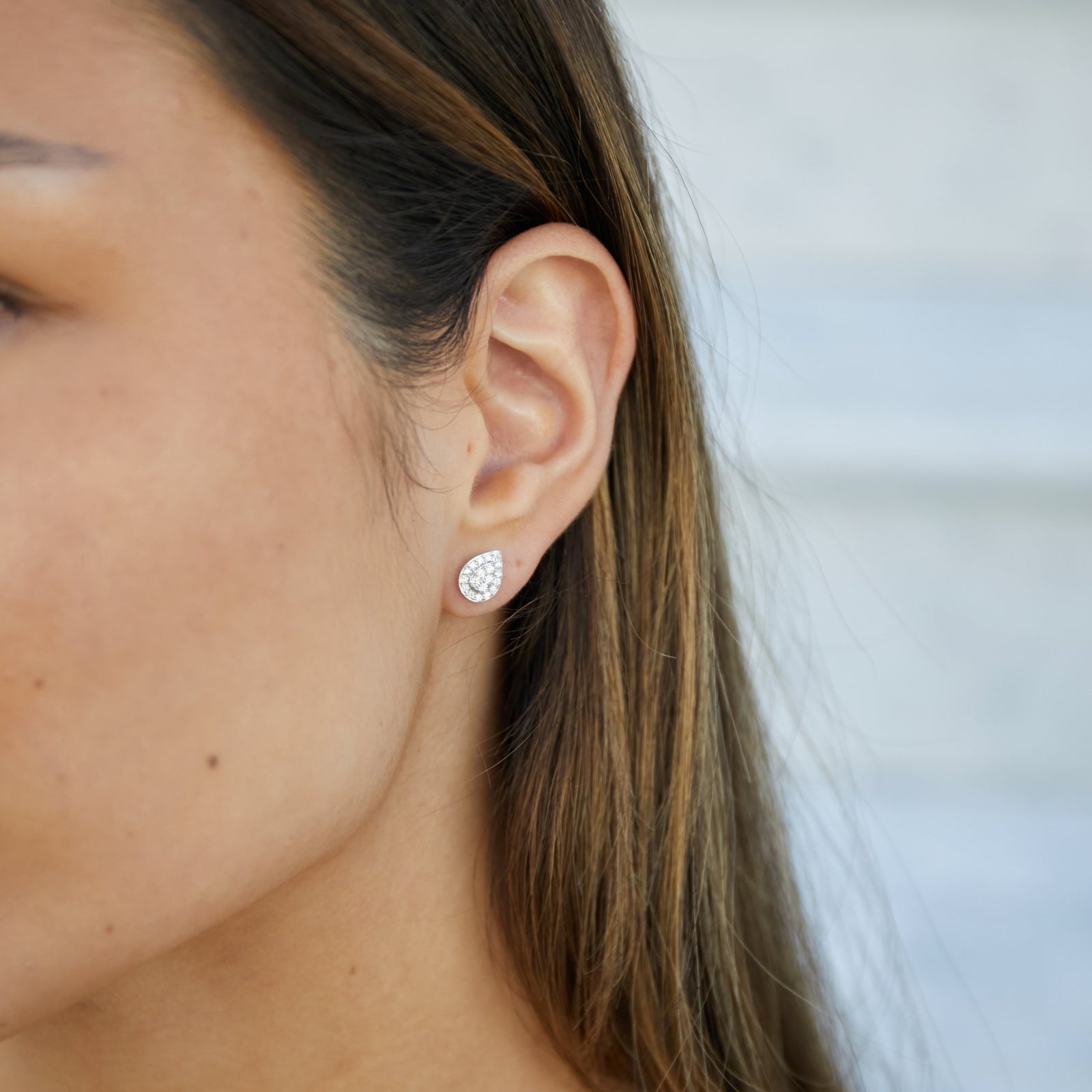 Diamond Cluster Stud Earrings, Pear Shape April Birthstone