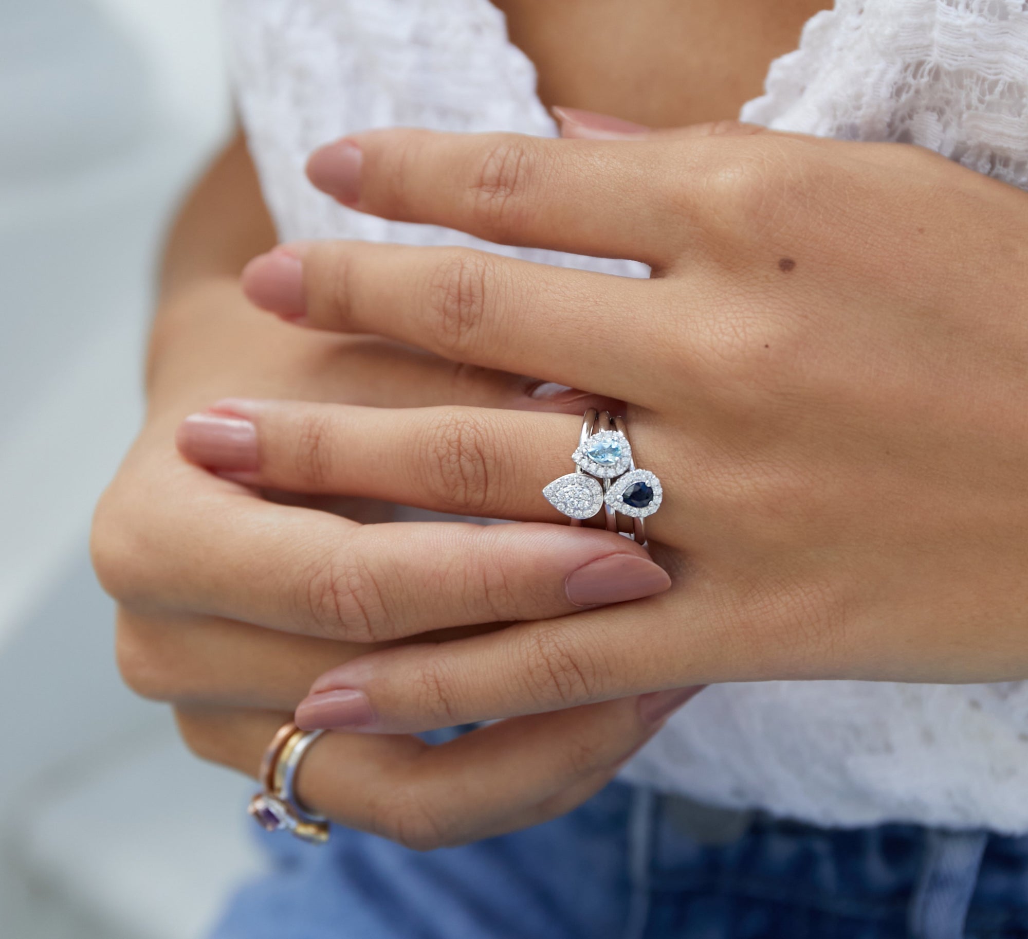 March Birthstone Pear Shape Aqua and Diamond 9ct White Gold Cluster Ring