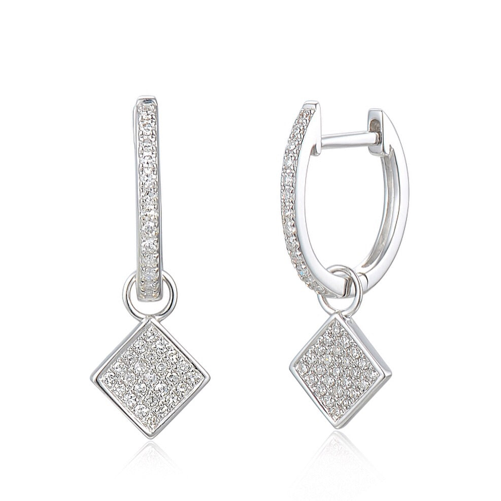 9ct White Gold Diamond Sleeper Hoop With Hanging Interchangeable Square Charm