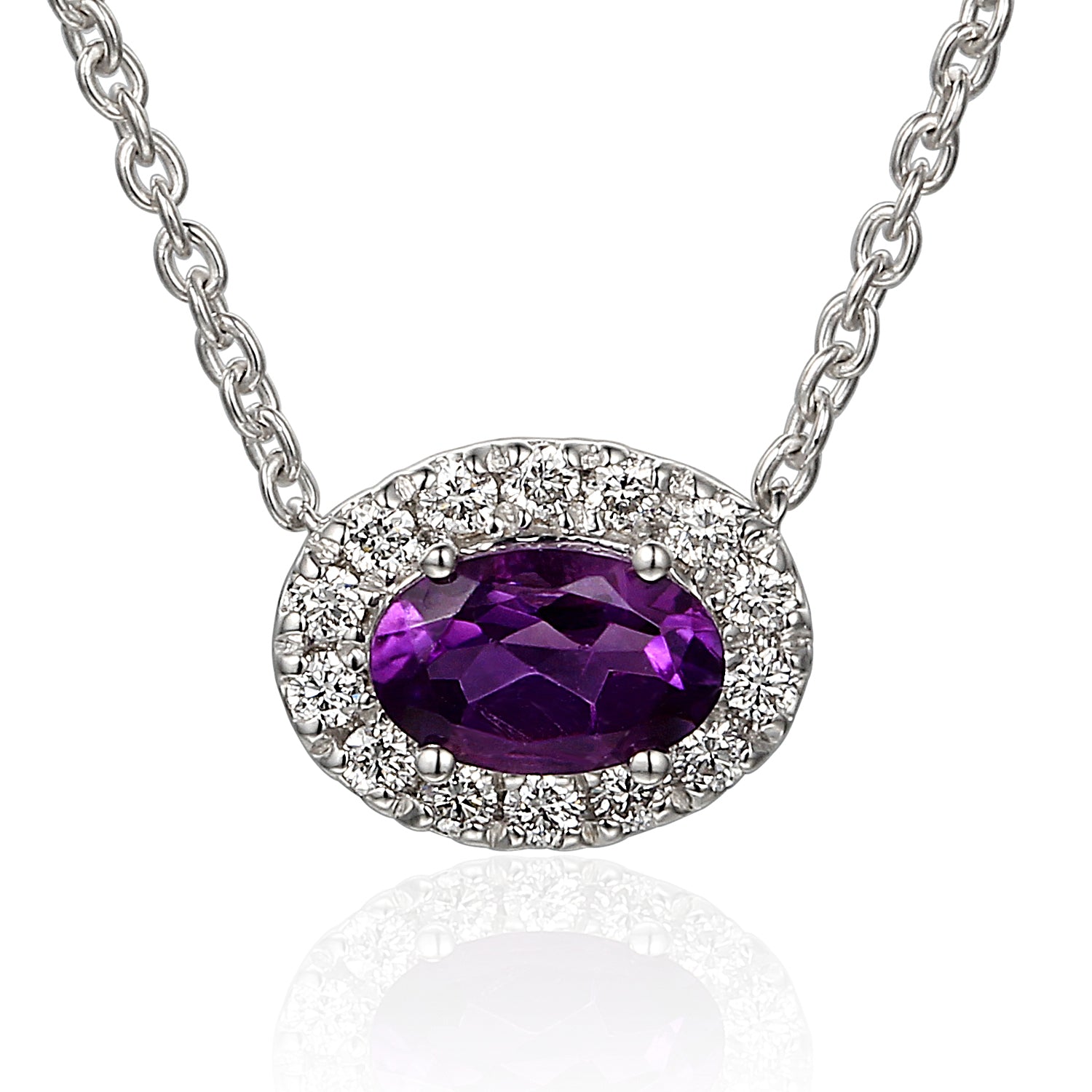 18ct White Gold Oval Amethyst and Diamond Pendant on Chain