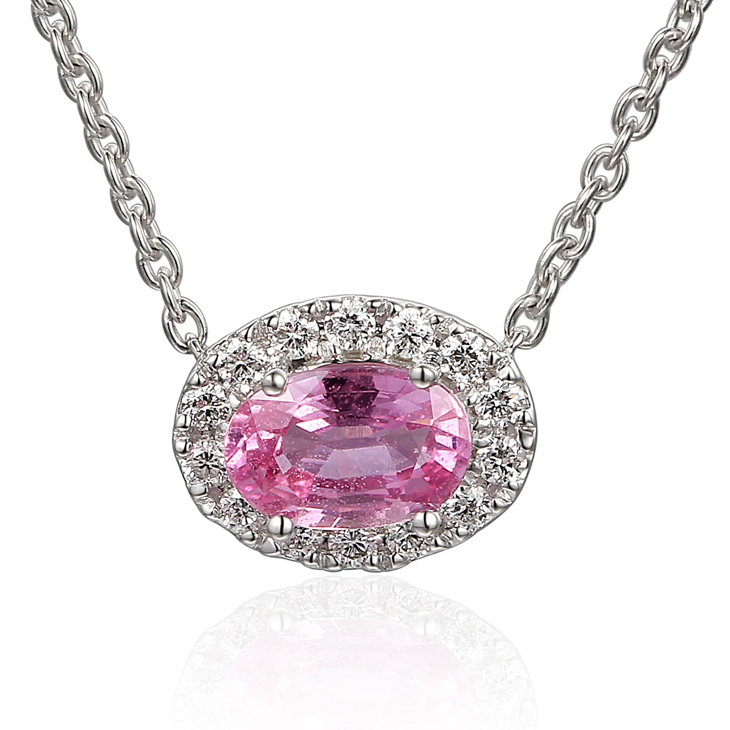 18ct White Gold Oval Pink Sapphire and Diamond Pendant on Chain