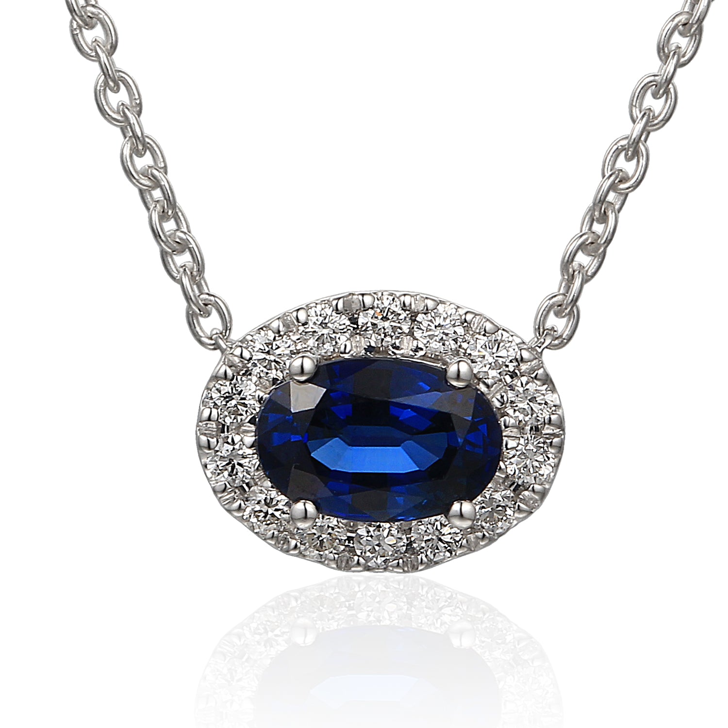 18ct White Gold Oval Sapphire and Diamond Pendant on Chain
