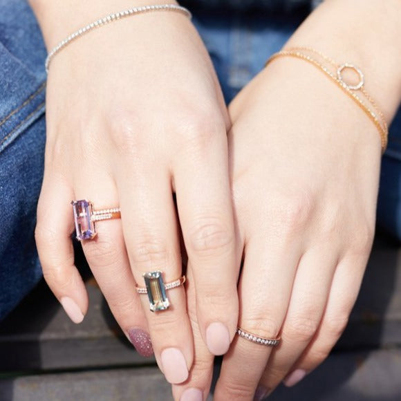 9ct Rose Gold Long Octagon Green Amethyst and Diamond Ring